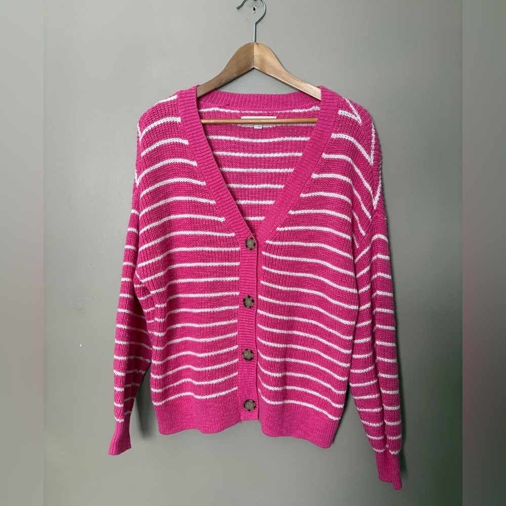 LOFT Striped Relaxed V-Neck Cardigan sweater pink & white preppy casual sz L - Picture 3 of 16